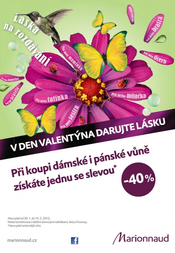 VALENTÝNSKÁ AKCE v Marionnaud – od 31. ledna do 14. února 2012 potrvá slevová nabídka na parfémy – při nákupu jedné vůně dostanete tu druhou (levnější) se slevou 40 %! 