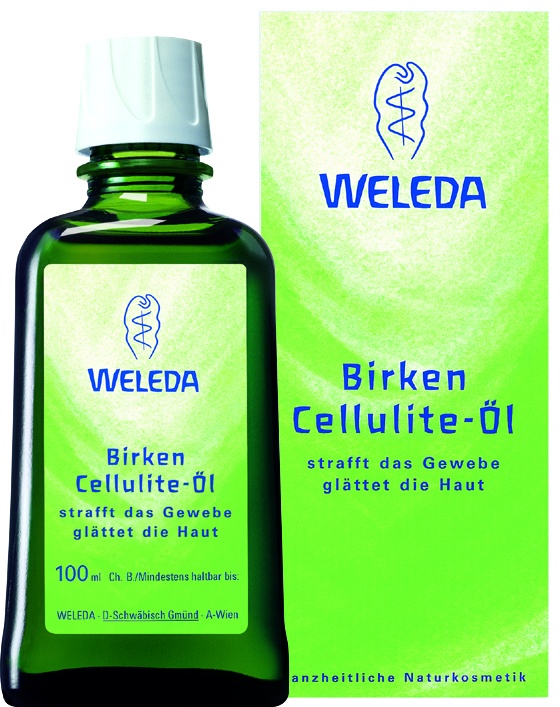 Březový olej na celulitidu Weleda – hedvábný olej, který prokazatelně zlepšuje vzhled pokožky postižené celulitidou. K dostání v drogeriích dm, vybraných lékárnách,  Klubových prodejnách Weleda a na e-shopu Weleda (seznam prodejen i e-shop je k dispozic